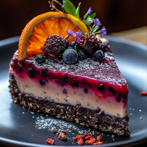 flavorful Blood Orange Wild Blueberry Cheesecake.