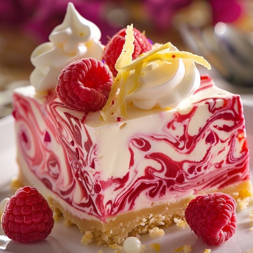 Savor the sweet tang of this Raspberry Lemon Swirl Cheesecake