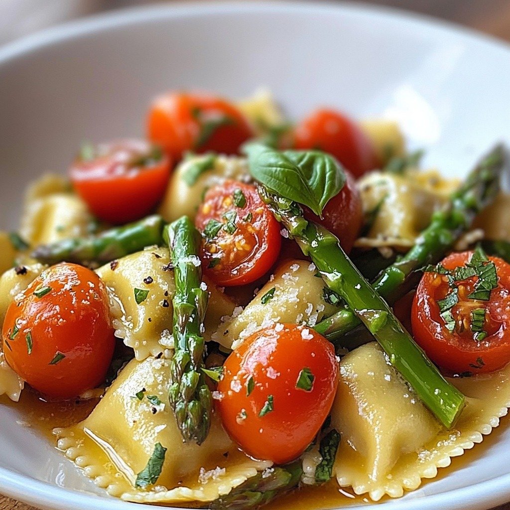 Ravioli with Tomatoes, Asparagus, Garlic, and Herbs