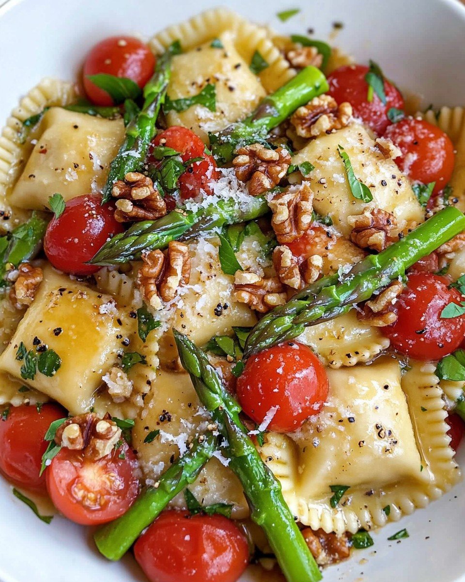 Ravioli with Tomatoes, Asparagus, Garlic, and Herbs